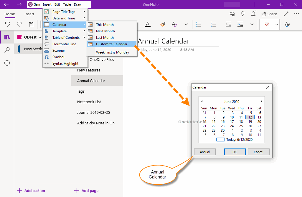 UWP Insert a Annual Calendar for a Specified Year in OneNote for