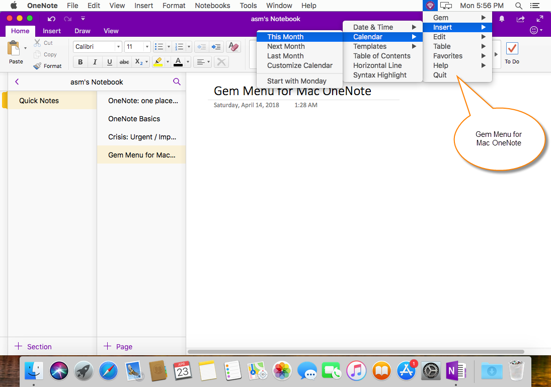 onenote gem sort on a page