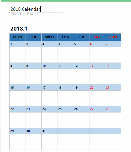 OneNote Calendar 2018 Template - English