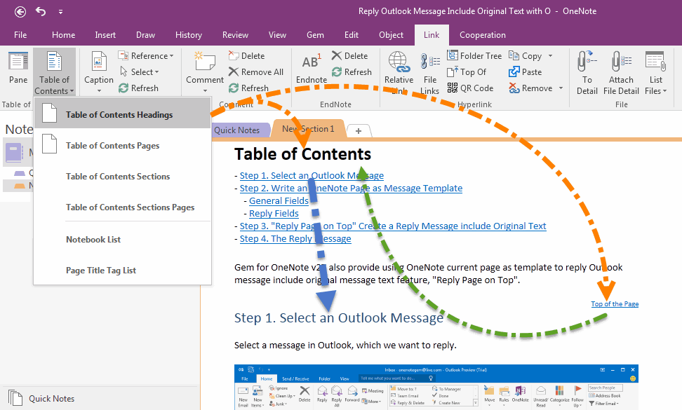 onenote gem table of contents