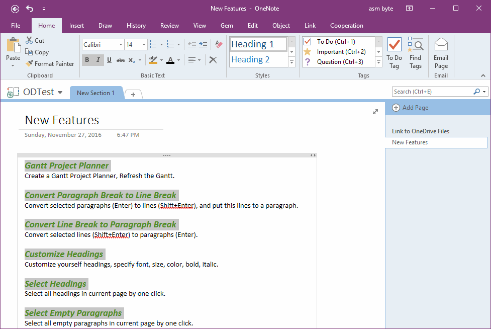 onenote gem sort within a page