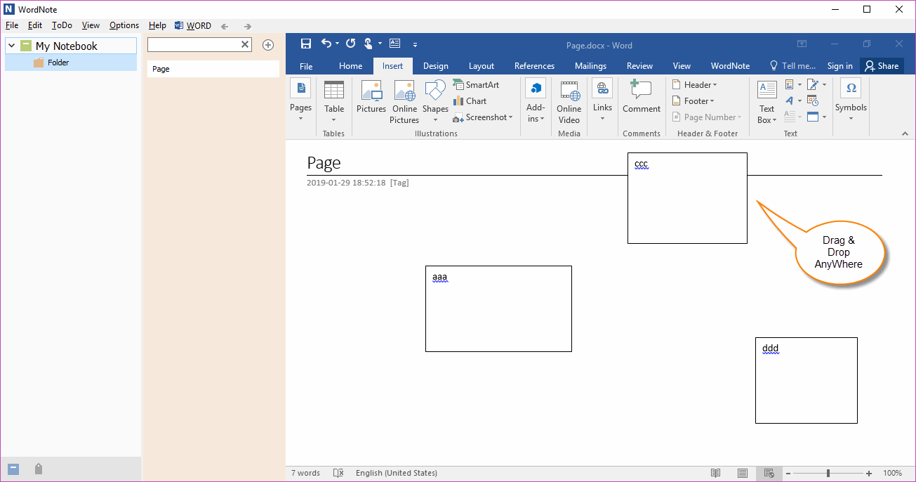 Use Text Box In WordNote To Replace The OneNote Container And Place It 