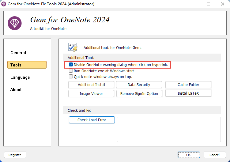 Disable OneNote warning dialog when click on hyperlink.