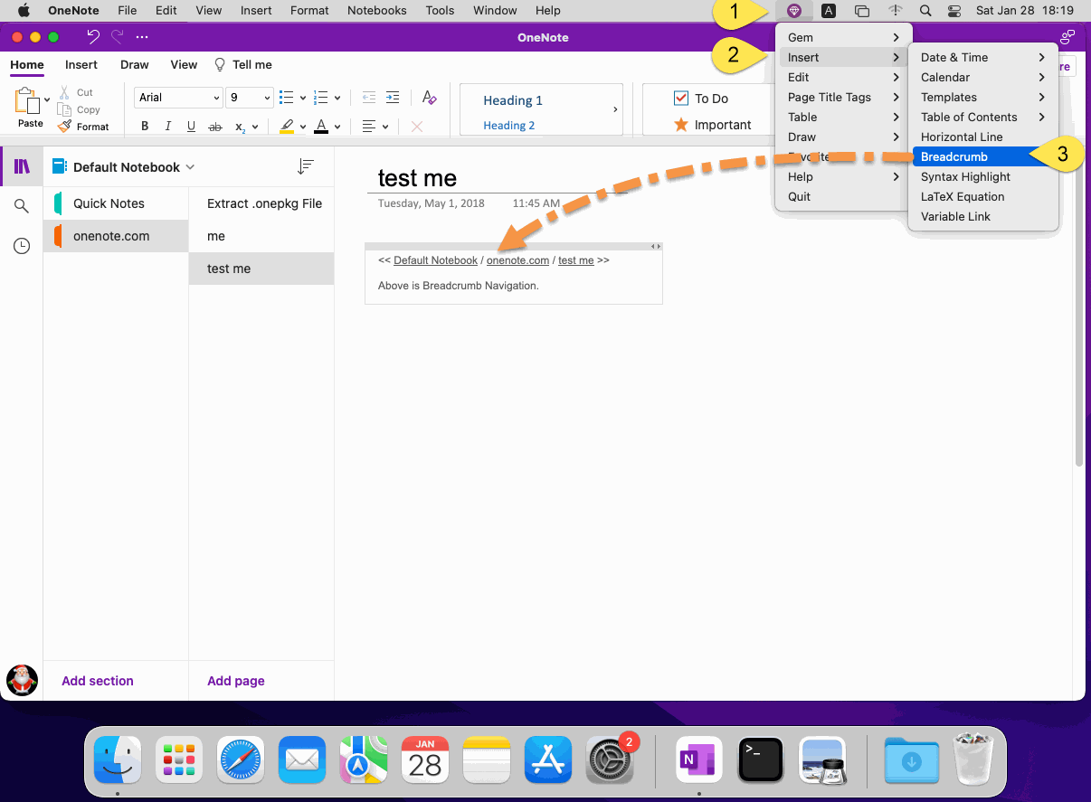 Insert Breadcrumb Navigation for Current Page in Mac OneNote Office