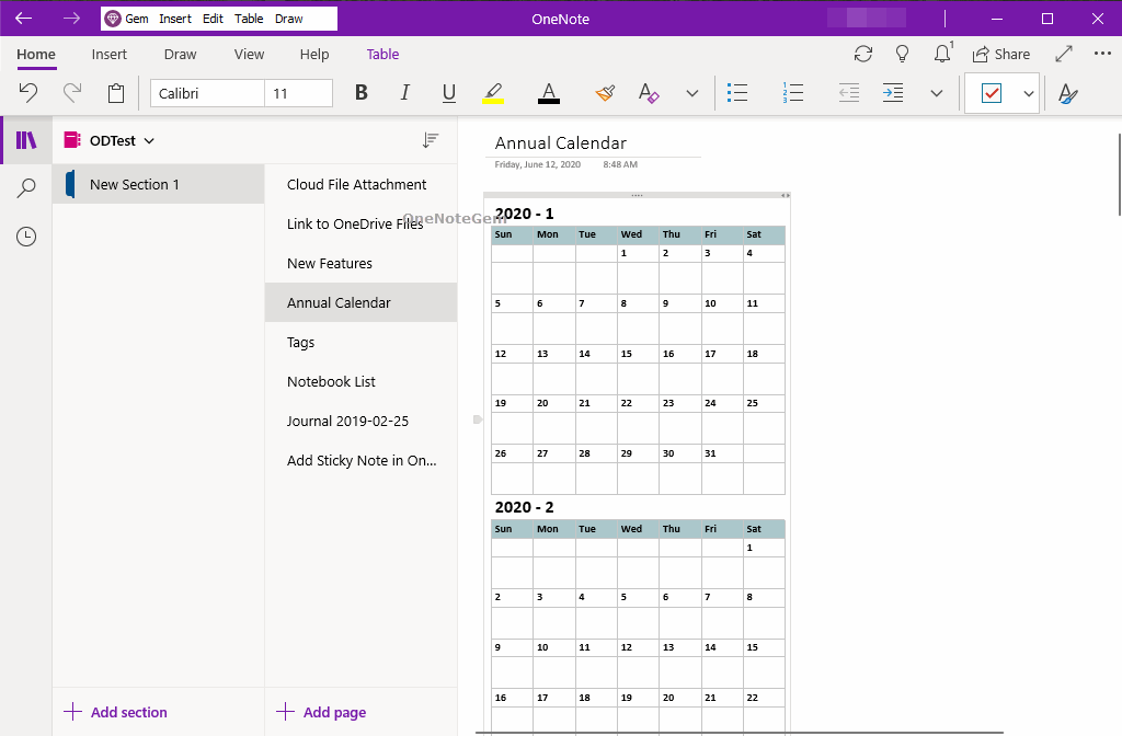 UWP Insert a Annual Calendar for a Specified Year in OneNote for Windows 10 Office OneNote