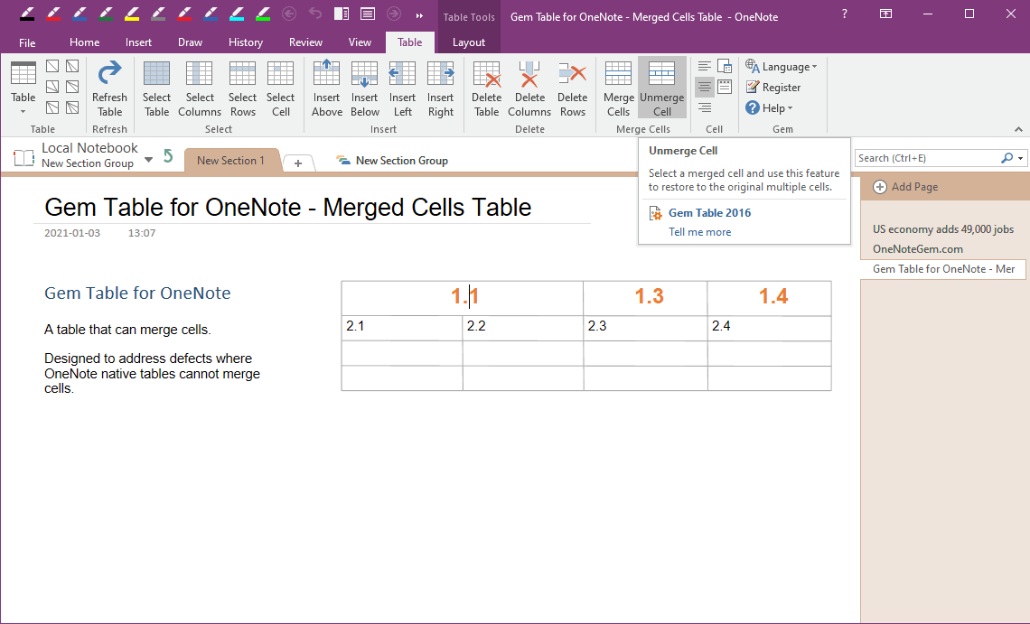 onenote gem unmerge