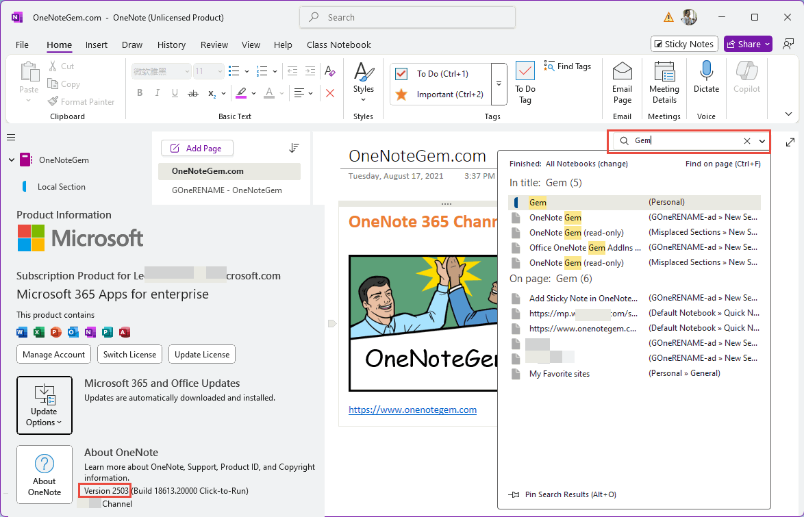 OneNote 365 v2504, OneNote 365 v2503 now the content search box in the upper-right corner of the page.
