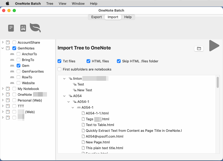 OneNote Batch for Mac Import Tab